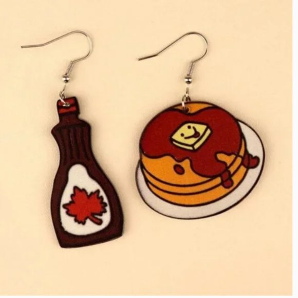 ⭐️❤️FREE Bread Maple Syrup Pancakes Snack Hipster Hippie Graphic Drop Earrings - Picture 8 of 9